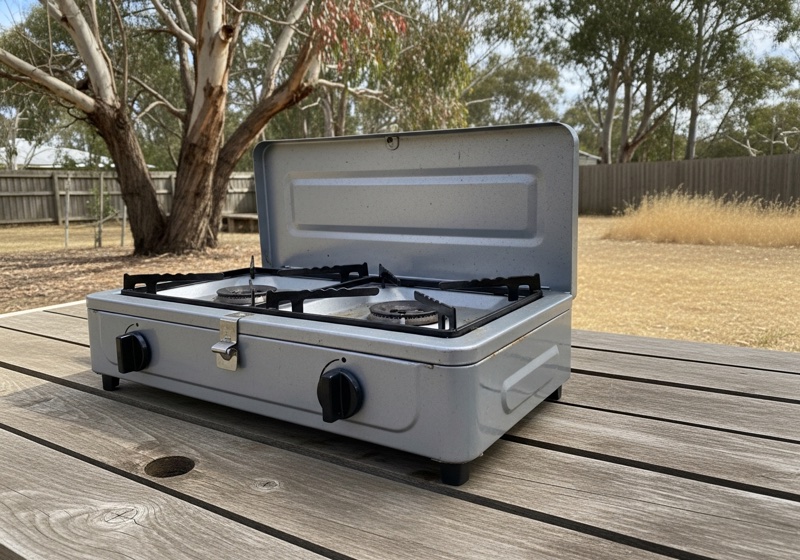 Twin-burner camp stove open on a timber table