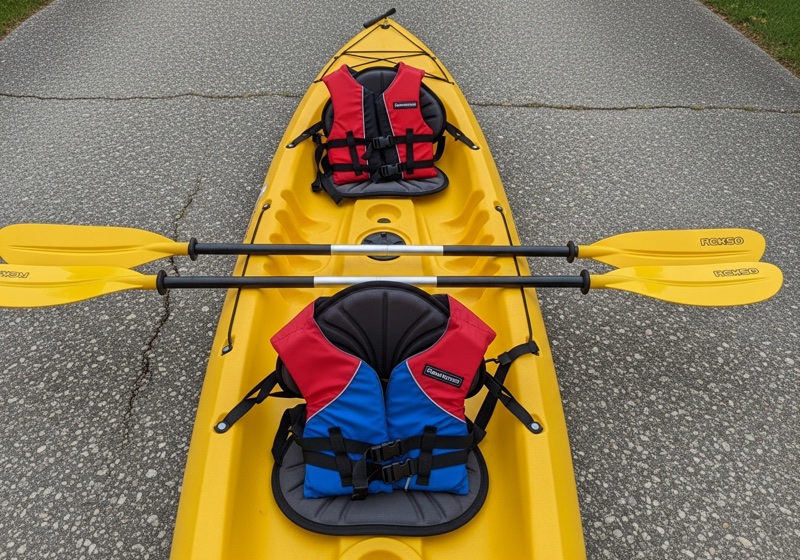 Two-person sea kayak with paddles and two life jackets on a driveway