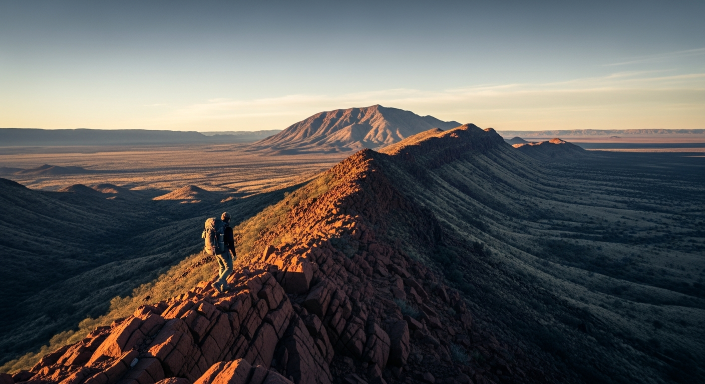 Lone hiker on a red desert ridgeline in the West MacDonnell Ranges at sunrise
