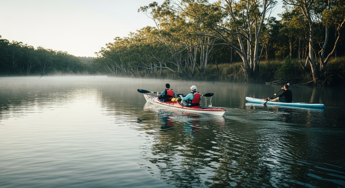 Two-person kayak on a green lawn ready for the water