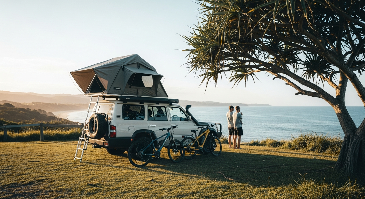 Couple at a coastal lookout at sunset with a rooftop tent and bikes
